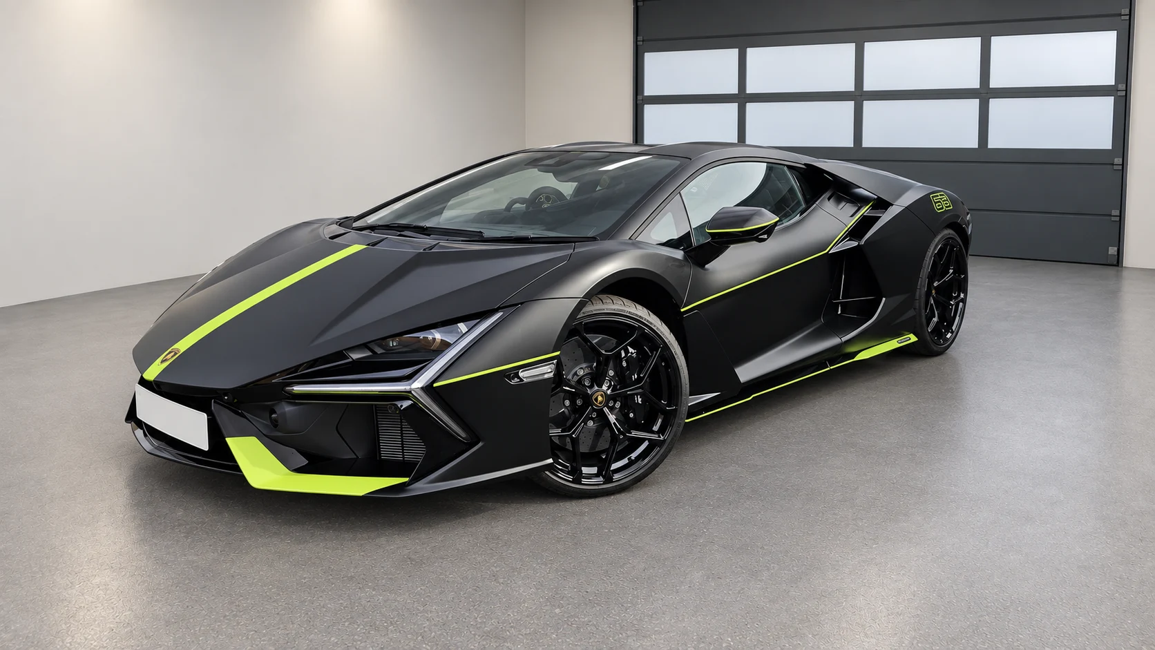 Lamborghini Revuelto — Matinė juoda, žali akcentai